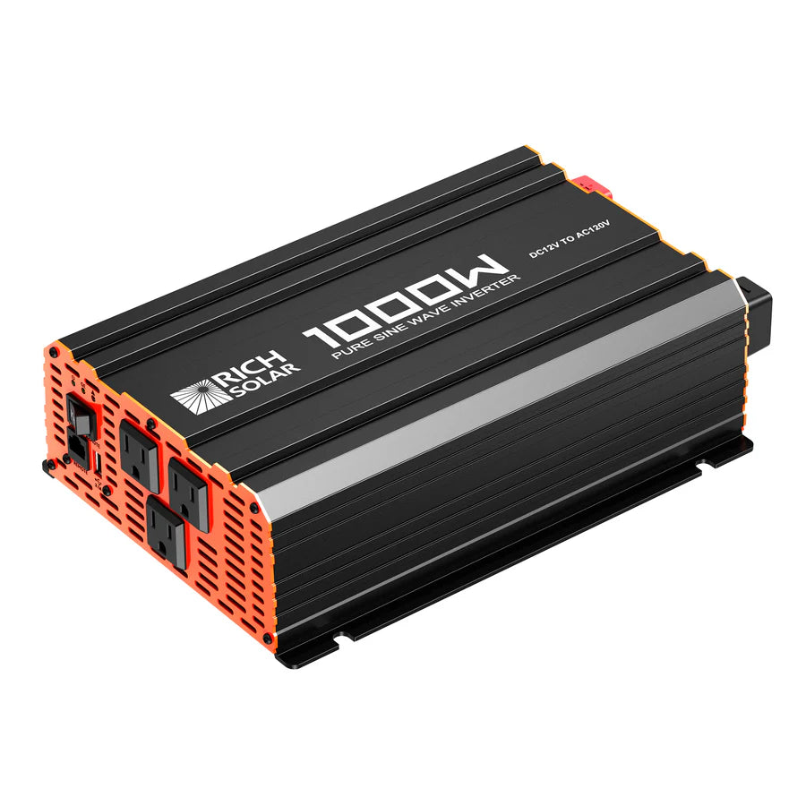 A black and orange Rich Solar 1000W power inverter with multiple outlets is angled on a white background. The top displays 1000W and Rich Solar, making it ideal for off-grid use.