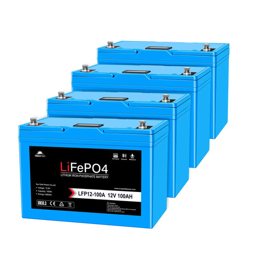 Four Sungold Power blue 12V 100Ah LiFePO4 batteries (LFP12-100A) are lined up, showing visible top terminals and black front labels. Each deep cycle battery clearly displays its specifications: 12V 100Ah.