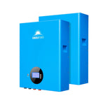 Two blue rectangular Sungold Power inverters sit side by side. The front unit has a digital screen with control buttons; both display the Sungold Power logo and sun graphic—perfect for use with Energy Storage Systems.
