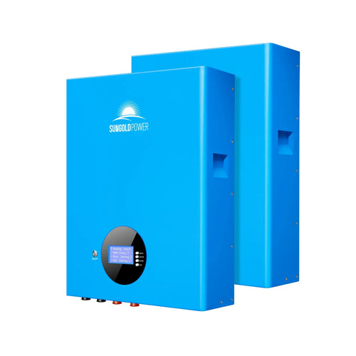 Two blue rectangular Sungold Power inverters sit side by side. The front unit has a digital screen with control buttons; both display the Sungold Power logo and sun graphic—perfect for use with Energy Storage Systems.