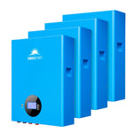 Four Sungold Power blue inverter units, each with a digital display and bottom connection ports, are arranged in a staggered row. They are ideal for integration with Energy Storage Systems.