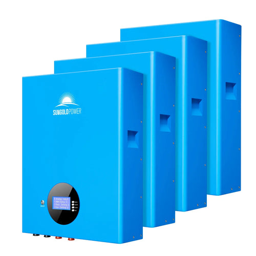 Four Sungold Power blue inverter units, each with a digital display and bottom connection ports, are arranged in a staggered row. They are ideal for integration with Energy Storage Systems.