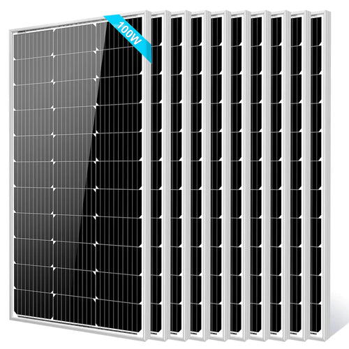 Eight Sungold Power black monocrystalline solar panels with silver frames are arranged in a row, slightly overlapping. The top left panel features a blue label displaying 100W, indicating their power capacity.
