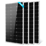 Four black monocrystalline Sungold Power solar panels with white frames stand upright, overlapping. A blue banner on the front panel displays 100W, highlighting the power output of these efficient silicon solar cells.