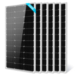 Five black Sungold Power monocrystalline solar panels with white grid lines and silver frames are arranged in a row, angled right. The top left panel has a blue label showing 100W in white text. Panels feature efficient silicon solar cells.
