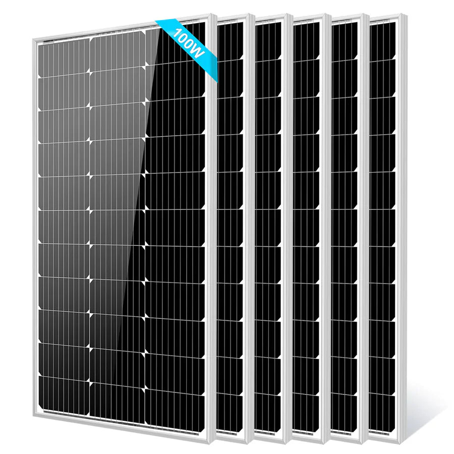 Five black Sungold Power monocrystalline solar panels with white grid lines and silver frames are arranged in a row, angled right. The top left panel has a blue label showing 100W in white text. Panels feature efficient silicon solar cells.
