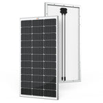 Two rectangular Rich Solar panels with black photovoltaic cells and silver frames. Made with tempered glass for high transmission, theyre ideal for off-grid solar projects—front shows the cell grid, back shows wiring and a junction box.