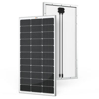 Two rectangular Rich Solar panels with black photovoltaic cells and silver frames. Made with tempered glass for high transmission, theyre ideal for off-grid solar projects—front shows the cell grid, back shows wiring and a junction box.
