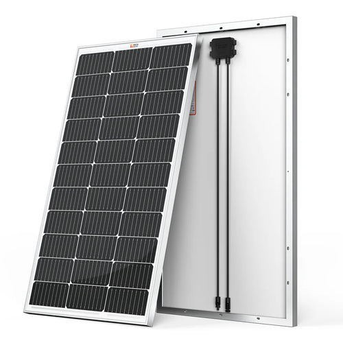 Two rectangular Ecoflow solar panels are shown—one displaying its front grid of dark cells, the other its back with a junction box and cables—ideal for use with an Ecoflow Delta Pro solar generator for portable power.