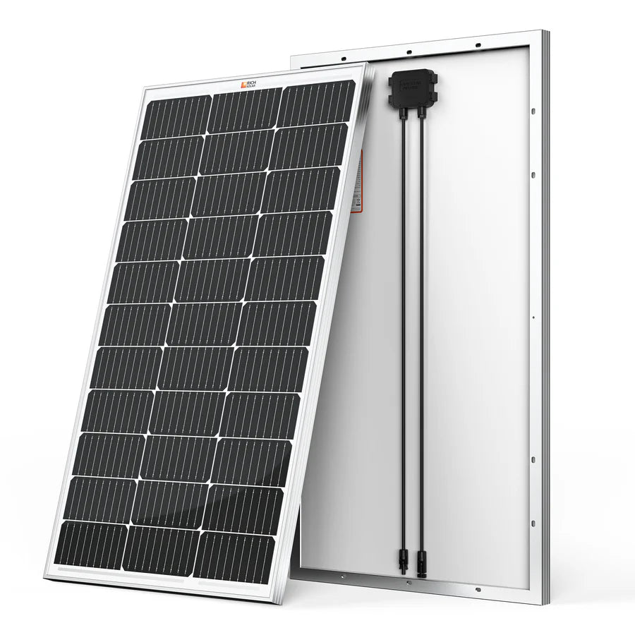 Two rectangular Ecoflow solar panels are shown—one displaying its front grid of dark cells, the other its back with a junction box and cables—ideal for use with an Ecoflow Delta Pro solar generator for portable power.