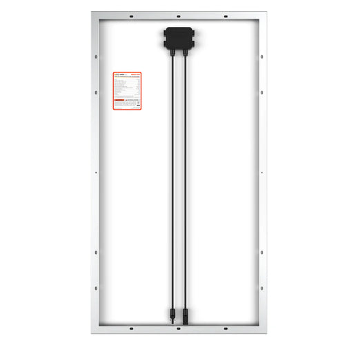 Back view of a rectangular Rich Solar panel with high-transmission tempered glass, a top-center junction box, two black cables hanging down, and a warning label on the left—perfect for off-grid solar use.