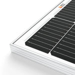 Close-up of a Rich Solar panel corner featuring high transmission tempered glass, black photovoltaic cells, and a white frame on a white background. Ideal for off-grid solar projects, with a small logo in the top right corner.