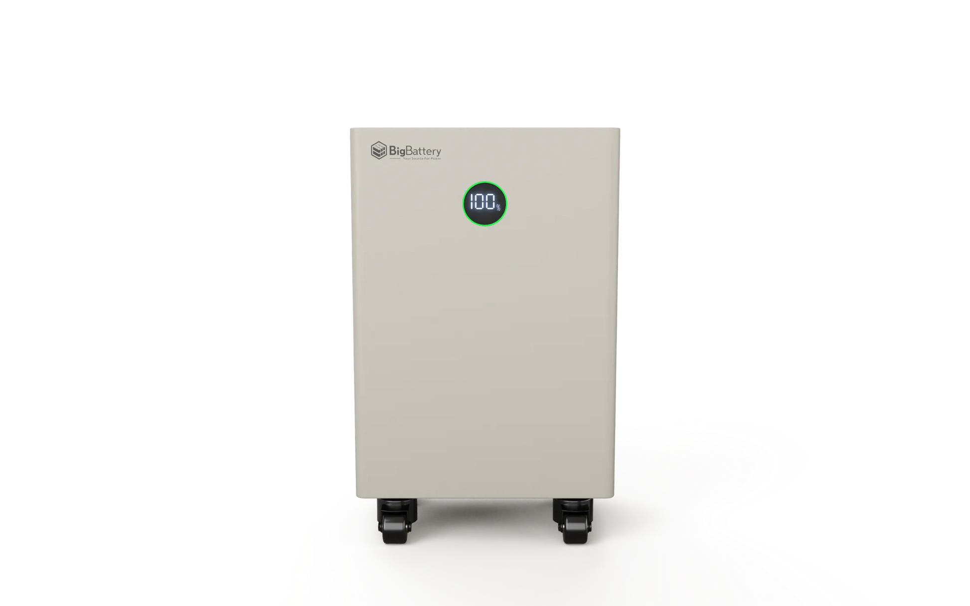 A white BigBattery storage unit with a digital font display, featuring the sleek IBM Plex Sans typeface and showing 100.0 on the front, stands on wheels against a plain white background.