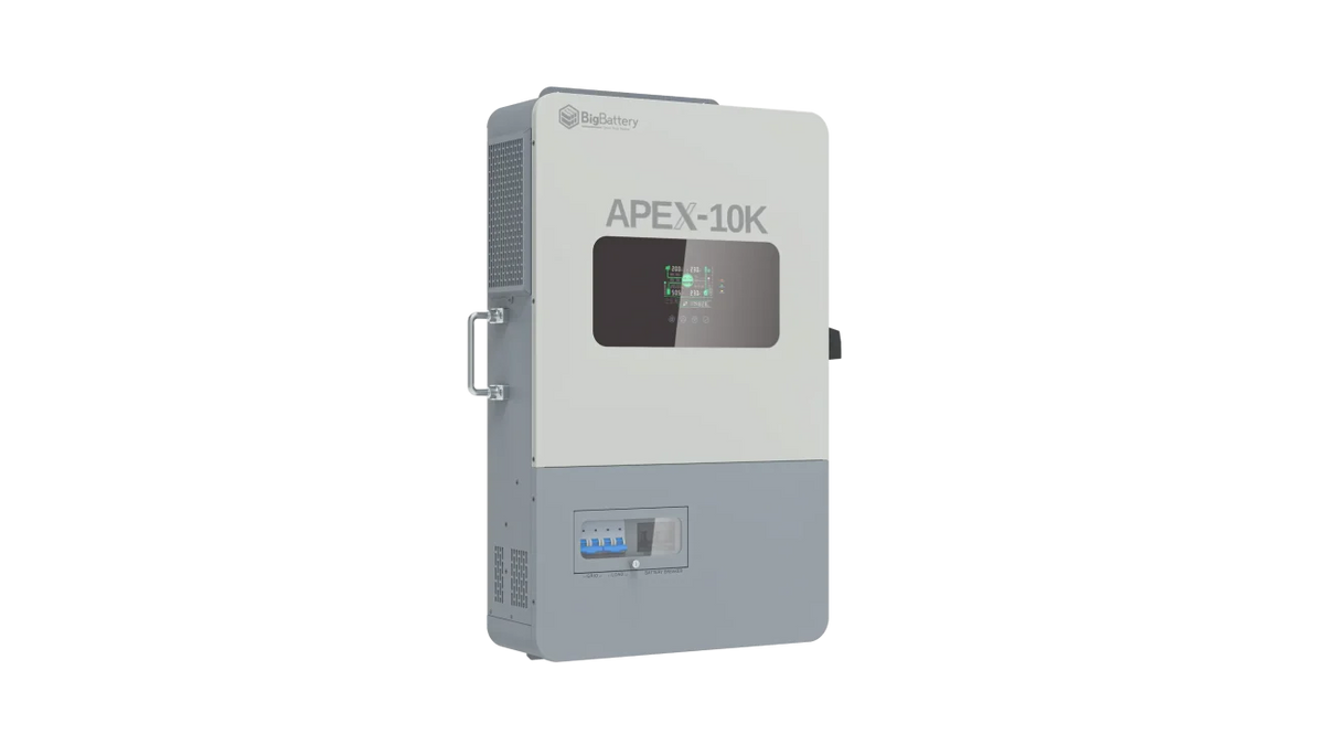 A rectangular, wall-mounted BigBattery Nexus 10k energy storage unit with a screen and handle is shown against a plain white background.