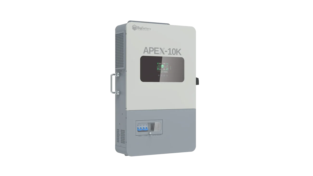 A rectangular, wall-mounted BigBattery Nexus 10k energy storage unit with a screen and handle is shown against a plain white background.