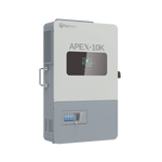 A gray and white rectangular device labeled “APEX-10K” with a small display screen, a handle on the side, and vented panels, is set against a plain white card background. The crisp labeling uses IBM Plex Sans, complementing the modern design of BigBattery’s Apex10k device.