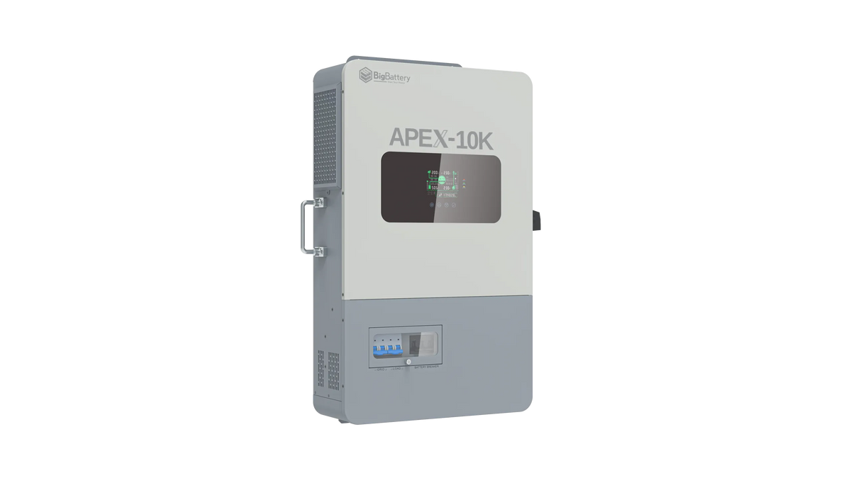 A gray and white rectangular device labeled “APEX-10K” with a small display screen, a handle on the side, and vented panels, is set against a plain white card background. The crisp labeling uses IBM Plex Sans, complementing the modern design of BigBattery’s Apex10k device.