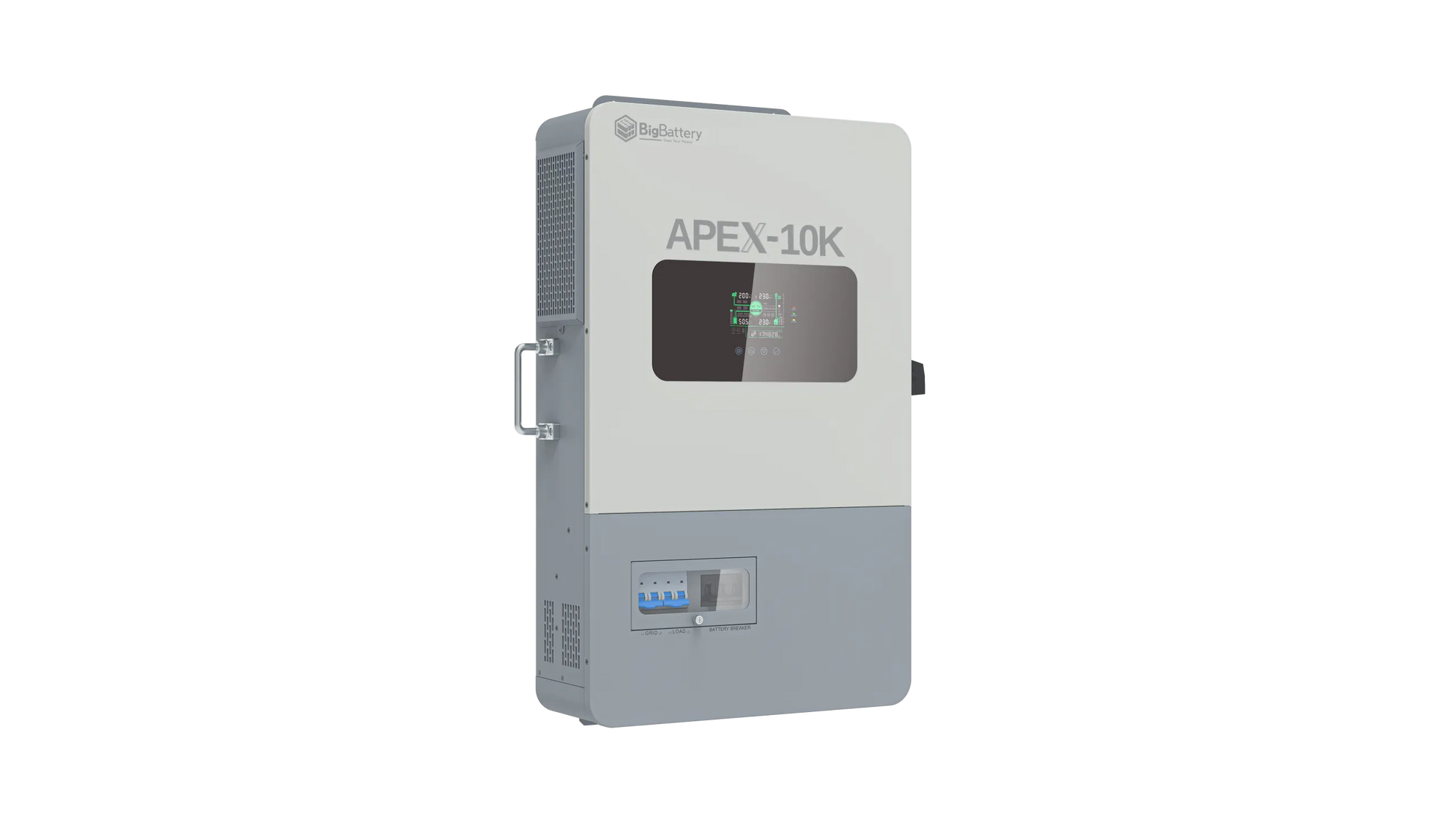 A gray and white rectangular device labeled “APEX-10K” with a small display screen, a handle on the side, and vented panels, is set against a plain white card background. The crisp labeling uses IBM Plex Sans, complementing the modern design of BigBattery’s Apex10k device.
