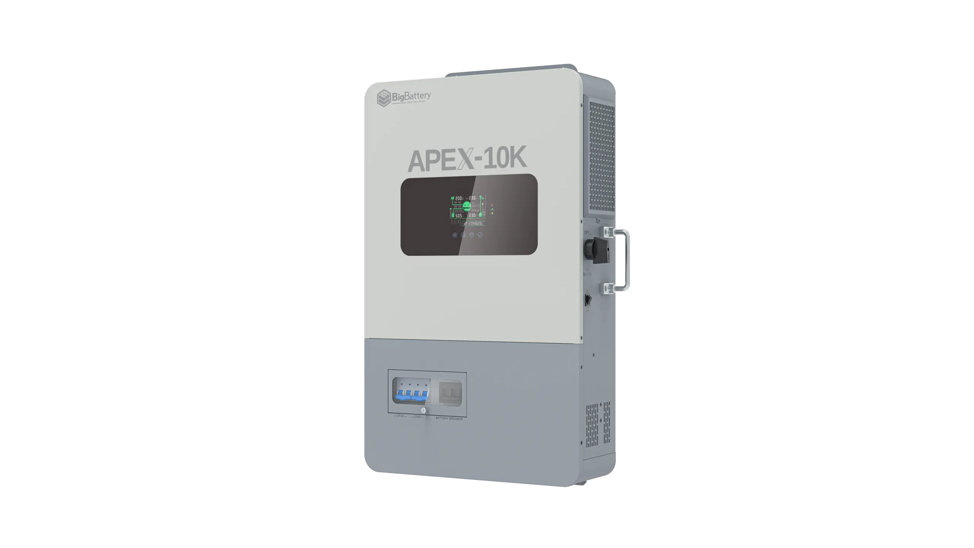 A gray and white electronic device labeled APEX-10K by BigBattery, reminiscent of the Nexus 10k series, featuring a display screen, buttons, vents, and a side handle. The device’s sleek design stands out against a plain white background, with clear labeling set in IBM Plex Sans for modern readability.