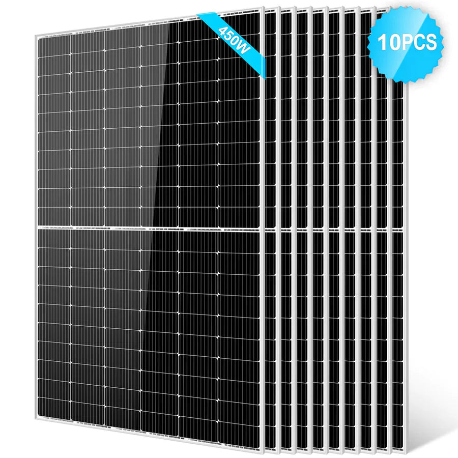 Ten Sungold Power black 450W Monocrystalline PERC Solar Panels with silver frames stand side by side. A blue corner label reads 450W, and a blue badge in the upper right shows 10 PCS—perfect for any off-grid system.