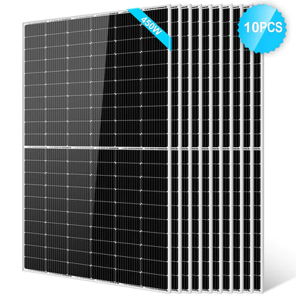 Ten Sungold Power black 450W Monocrystalline PERC Solar Panels with silver frames stand side by side. A blue corner label reads 450W, and a blue badge in the upper right shows 10 PCS—perfect for any off-grid system.