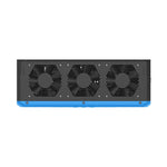 Rectangular electronic device with a black front panel, three cooling fans behind a honeycomb grille, and a blue strip along the bottom edge, shown on a white background—ideal as an RV power supply or portable power station for reliable energy on the go.
