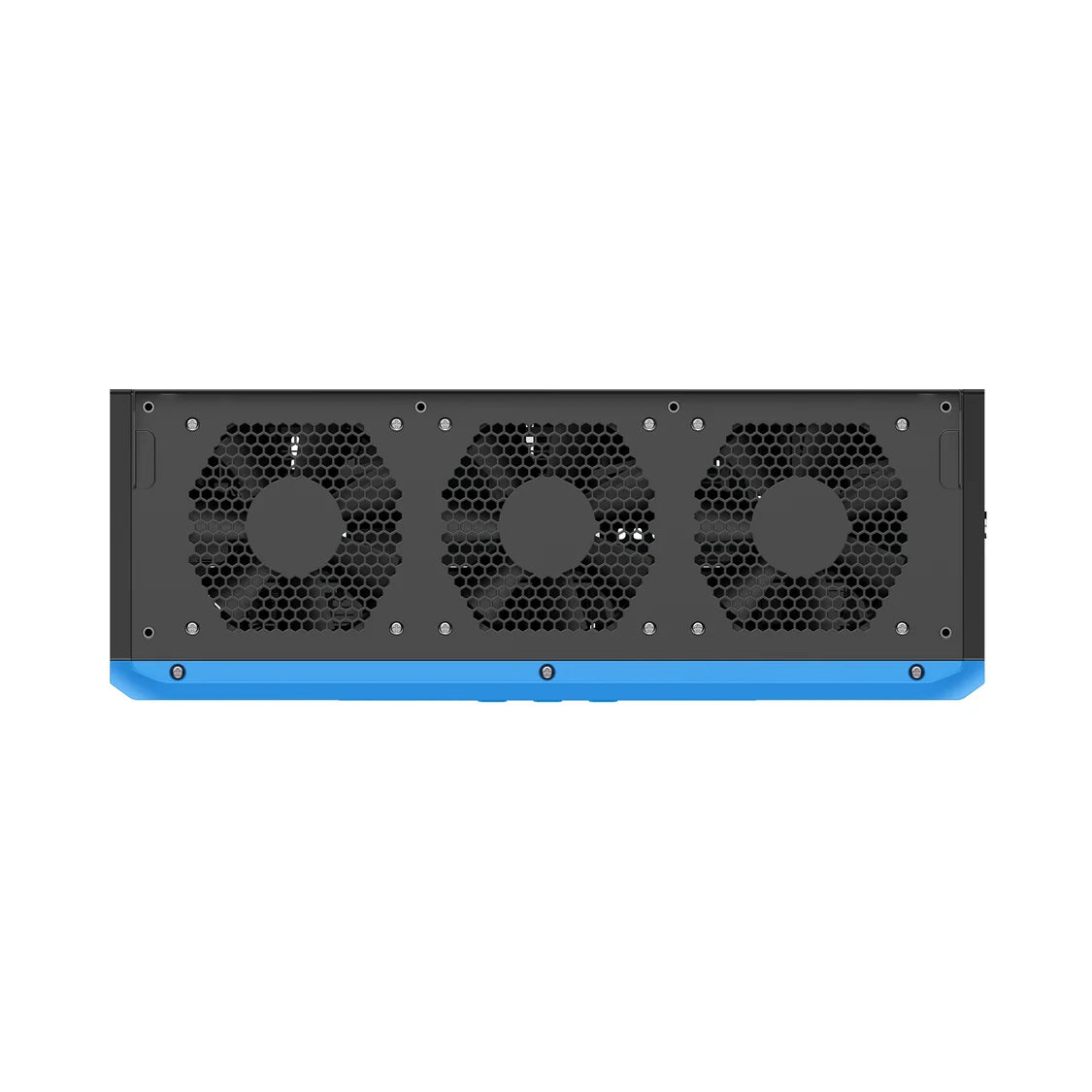 Rectangular electronic device with a black front panel, three cooling fans behind a honeycomb grille, and a blue strip along the bottom edge, shown on a white background—ideal as an RV power supply or portable power station for reliable energy on the go.