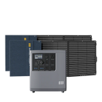 A Mango Power portable power station with advanced LFP battery cells and multiple outlets is shown in front of two blue solar panels and one large black solar panel.