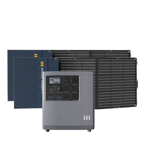 A Mango Power portable power station with advanced LFP battery cells and multiple outlets is shown in front of two blue solar panels and one large black solar panel.