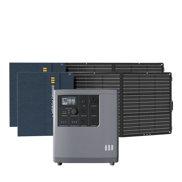 A Mango Power portable power station with advanced LFP battery cells and multiple outlets is shown in front of two blue solar panels and one large black solar panel.