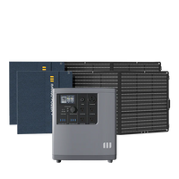 A Mango Power portable power station with advanced LFP battery cells and multiple outlets is shown in front of two blue solar panels and one large black solar panel.