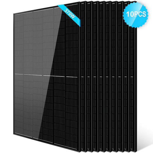 A set of ten Sungold Power PERC black monocrystalline panels stands upright in a row. The front panels blue label displays 370W, and a corner badge shows 10PCS—ideal for off-grid solar systems.