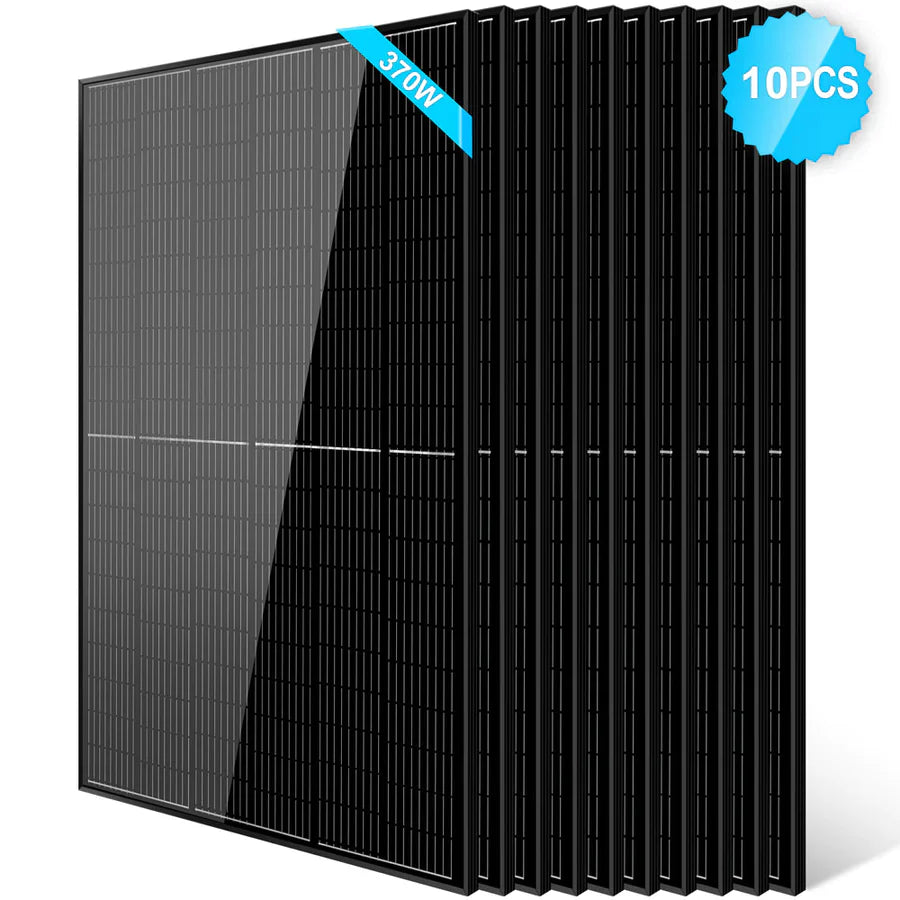 A set of ten Sungold Power PERC black monocrystalline panels stands upright in a row. The front panels blue label displays 370W, and a corner badge shows 10PCS—ideal for off-grid solar systems.