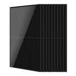 A stack of eight black solar panels standing upright, slightly overlapping each other, with visible lines and a reflective surface enhanced by a subtle box shadow for added depth.