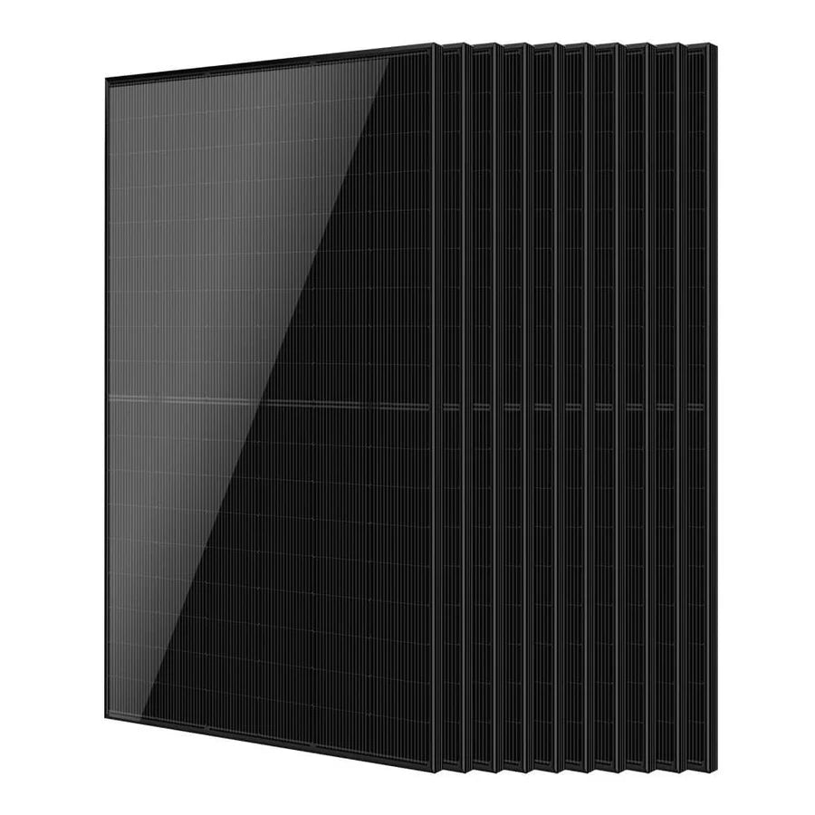 A stack of eight black solar panels standing upright, slightly overlapping each other, with visible lines and a reflective surface enhanced by a subtle box shadow for added depth.