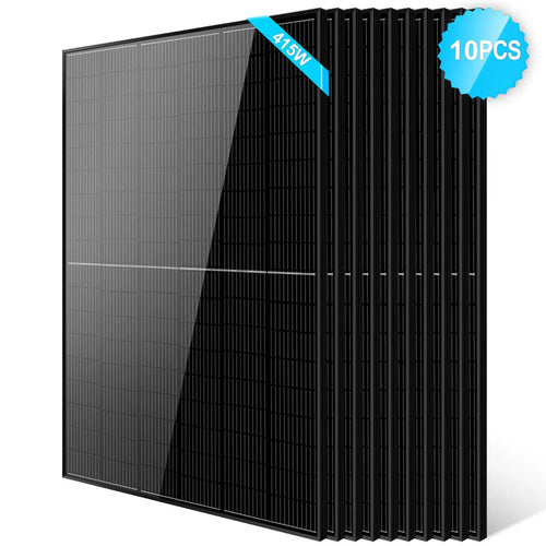 A set of ten black Sungold Power Monocrystalline PERC solar panels stacked side by side, featuring a blue 415W label and a 10 PCS badge in the top right—perfect for off-grid systems.