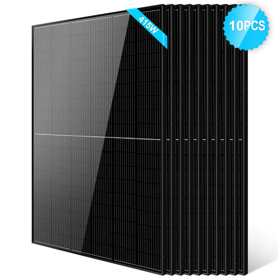 A set of ten black Sungold Power Monocrystalline PERC solar panels stacked side by side, featuring a blue 415W label and a 10 PCS badge in the top right—perfect for off-grid systems.