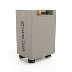 A gray, box-shaped industrial device labeled BigBattery in IBM Plex Sans font display stands on four black caster wheels, featuring control buttons and switches on a top panel, set against a white background.