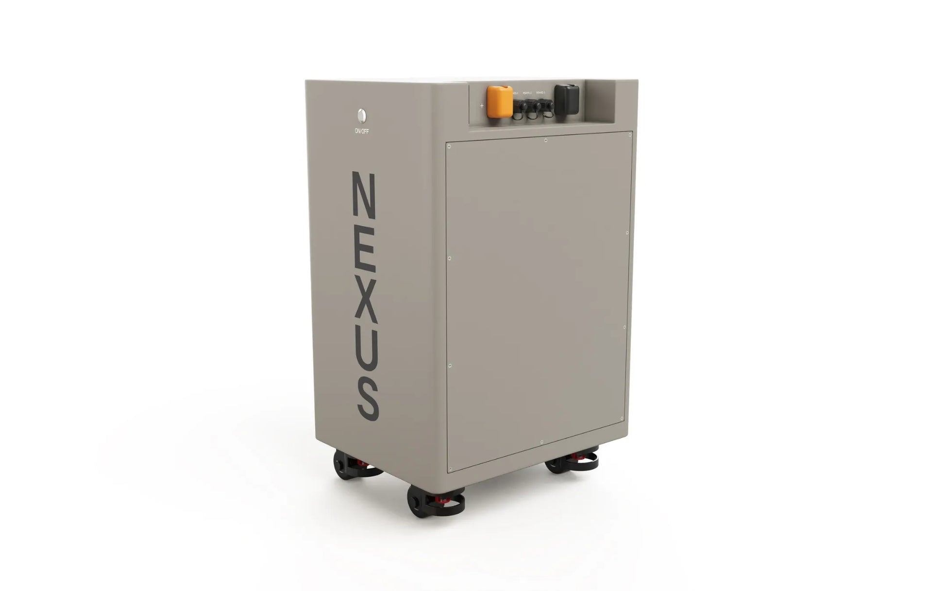 A gray rectangular device labeled BigBattery stands on four black wheels. Its control panel with switches and buttons sits on top, featuring a modern font for clear labeling. The device’s sleek exterior is complemented by clean lines and a subtle box shadow that adds visual depth, all set against a white background.