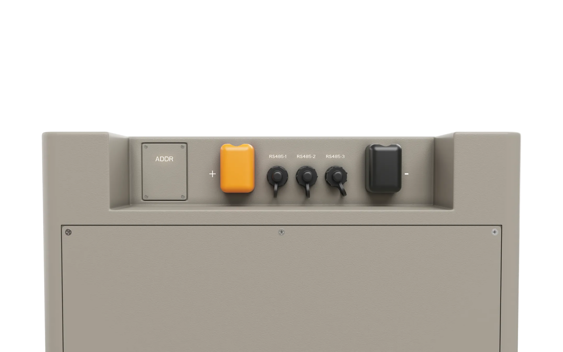 A beige BigBattery control panel featuring four labeled switches in IBM Plex Sans, a prominent yellow button, a large black button, and a small access door labeled "ADDR" on the left. The plain white background evokes the distinctive style of classic Nexus65k interfaces.