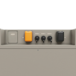 A beige BigBattery control panel with an orange button, a black button, three black switches labeled R4545-1, R4545-2, R4545-3, and a small square labeled ADDR sits against a plain white background—a design reminiscent of the clean lines and functional aesthetic seen in Nexus 10k interfaces. The labels could be easily stylized using IBM Plex Sans for clarity or.