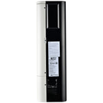 The image shows the back view of a tall, cylindrical Rich Solar air conditioner with vents, a control panel, and labels. This black and white unit also includes built-in Wi-Fi for seamless smart home integration.