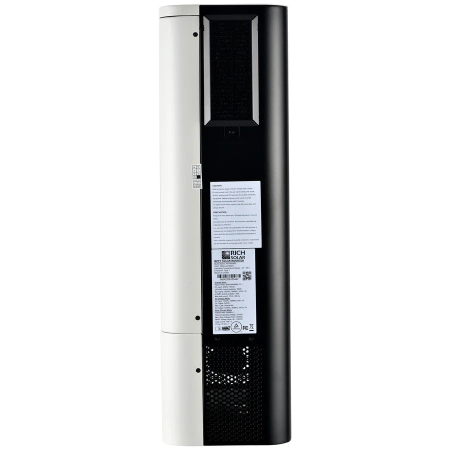 The image shows the back view of a tall, cylindrical Rich Solar air conditioner with vents, a control panel, and labels. This black and white unit also includes built-in Wi-Fi for seamless smart home integration.