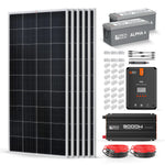 The Rich Solar complete solar power kit features four 200W monocrystalline panels, two large batteries, a 60A MPPT controller, inverter, cables, connectors, and mounting hardware—perfect for efficient solar energy use.