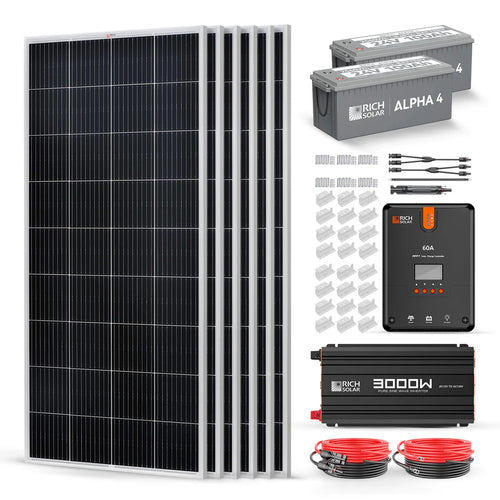 The Rich Solar complete solar power kit features four 200W monocrystalline panels, two large batteries, a 60A MPPT controller, inverter, cables, connectors, and mounting hardware—perfect for efficient solar energy use.