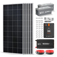 The Rich Solar complete solar power kit features four 200W monocrystalline panels, two large batteries, a 60A MPPT controller, inverter, cables, connectors, and mounting hardware—perfect for efficient solar energy use.