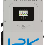 Front view of the gray Sol-Ark hybrid inverter featuring a digital display with system info. Sol-Ark Limitless Power branding and 12K are visible on the solar energy unit.