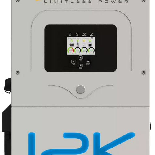 Front view of the gray Sol-Ark hybrid inverter featuring a digital display with system info. Sol-Ark Limitless Power branding and 12K are visible on the solar energy unit.