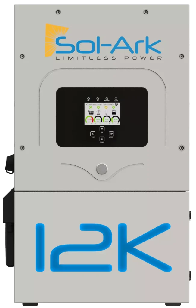 Front view of the gray Sol-Ark hybrid inverter featuring a digital display with system info. Sol-Ark Limitless Power branding and 12K are visible on the solar energy unit.