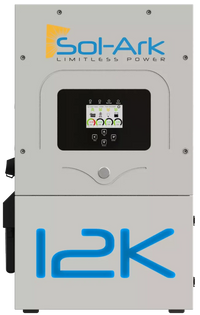 Front view of the gray Sol-Ark hybrid inverter featuring a digital display with system info. Sol-Ark Limitless Power branding and 12K are visible on the solar energy unit.